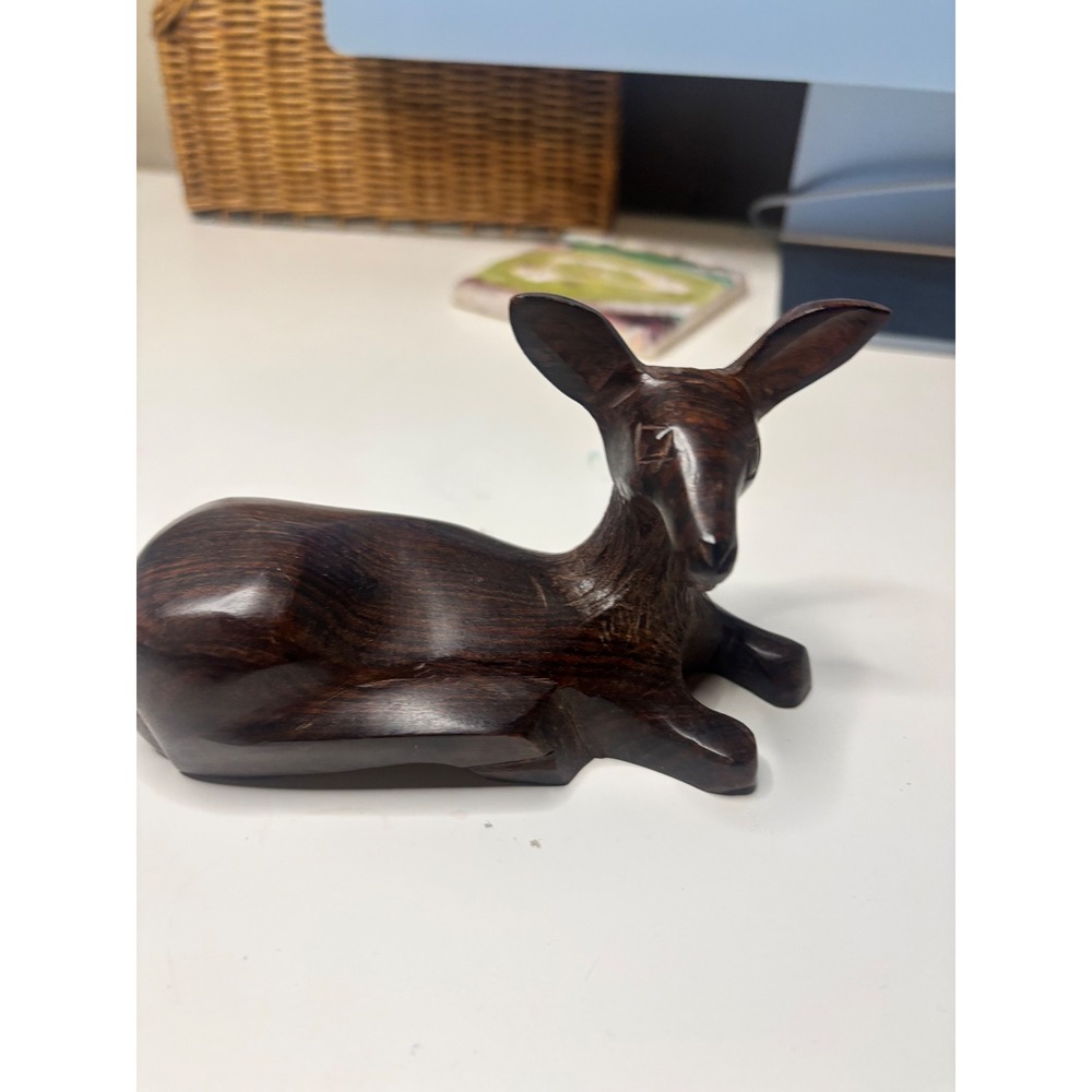 Vintage Hand Carved Wood Deer Figurine Reclining Doe MCM Woodland Decor Statue